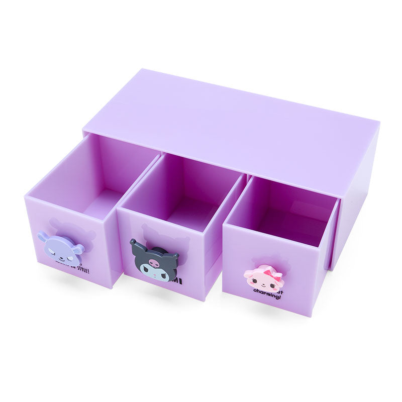Kuromi 3-Tier Container placed on its side, holding various beauty products and office supplies.