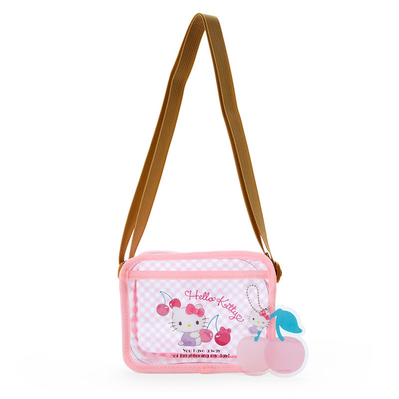 Front angle of Hello Kitty clear mini crossbody bag showing adjustable strap