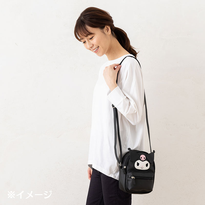 Close-up of the Kuromi crossbody bag’s zippered pockets and adjustable strap