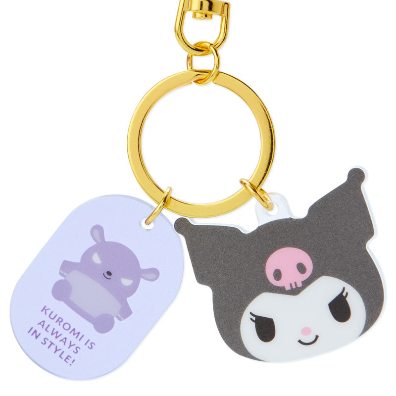 Close-up of a Kuromi plush keychain showcasing playful character details