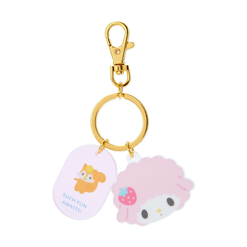 My Sweet Piano acrylic keychain displayed on a keyring against pastel background