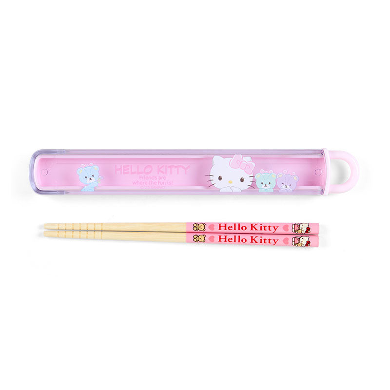 Top view of Hello Kitty bamboo chopsticks resting in clear slider case