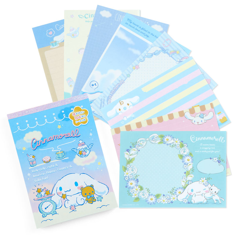 Close-up of Cinnamoroll memo pad showing various character designs