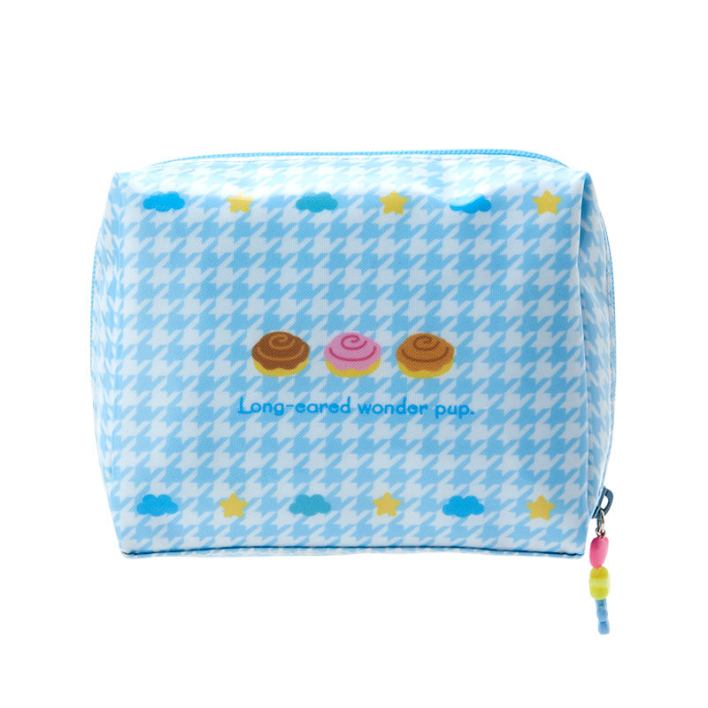 Cinnamoroll zipper makeup bag with beaded charm, lying on a pastel-colored background