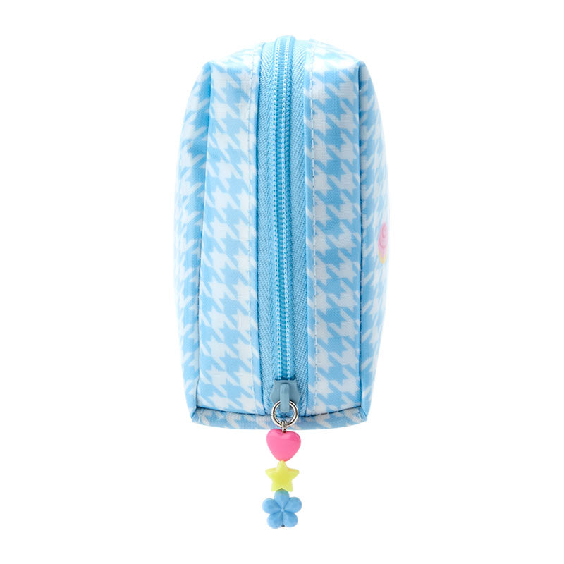Cinnamoroll zipper pouch with colorful houndstooth print and beaded charm, closed