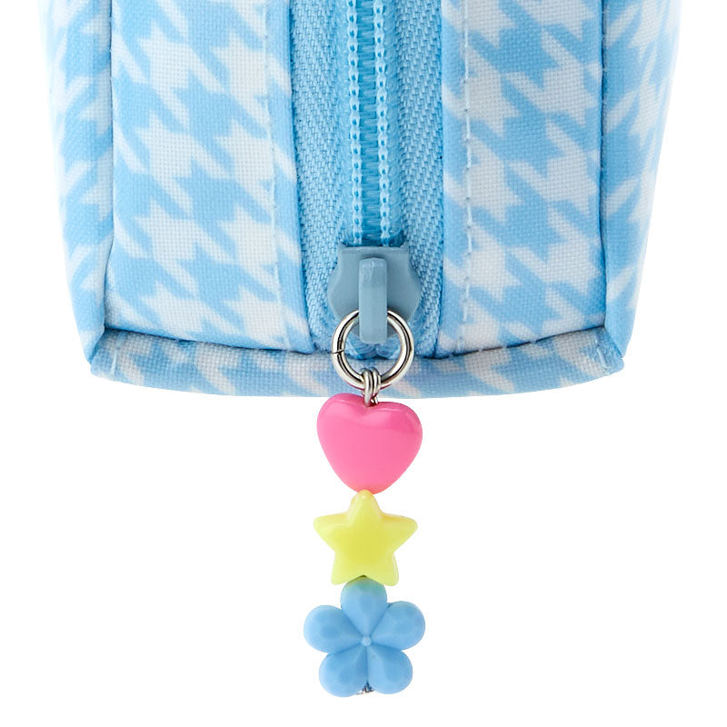 Cinnamoroll zipper pouch with colorful houndstooth print and beaded charm, closed