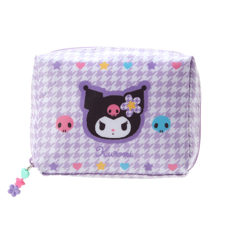 Front view of Kuromi floral pouch showing houndstooth print and zipper charm
