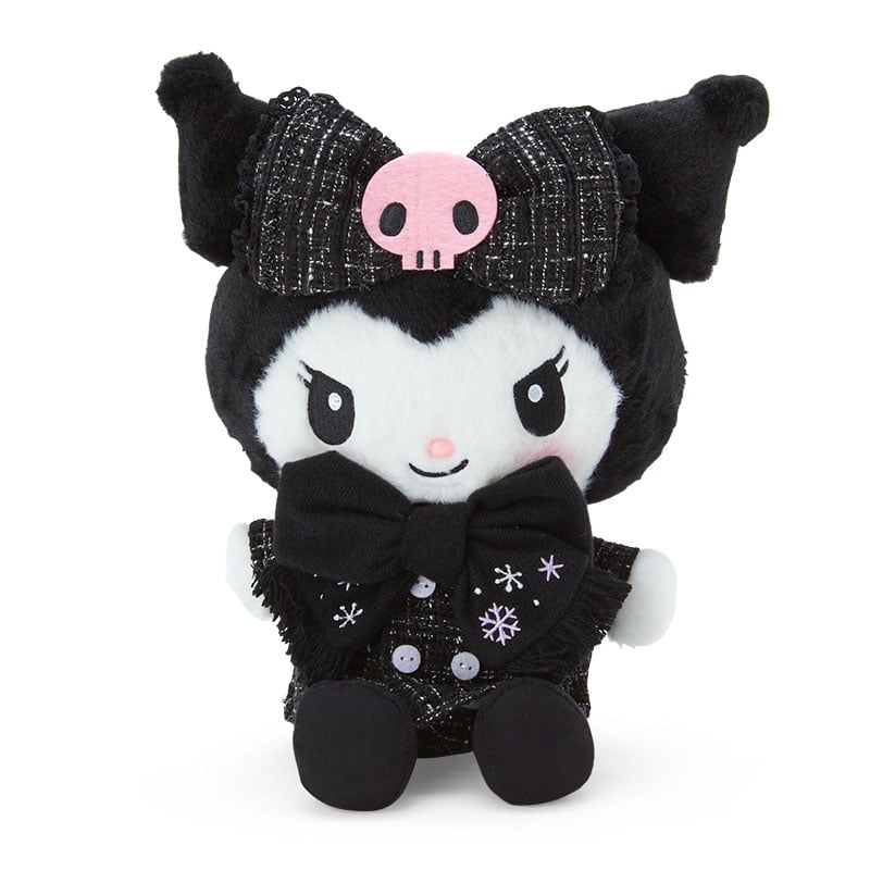 Close-up of Kuromi plush toy showcasing embroidered details.