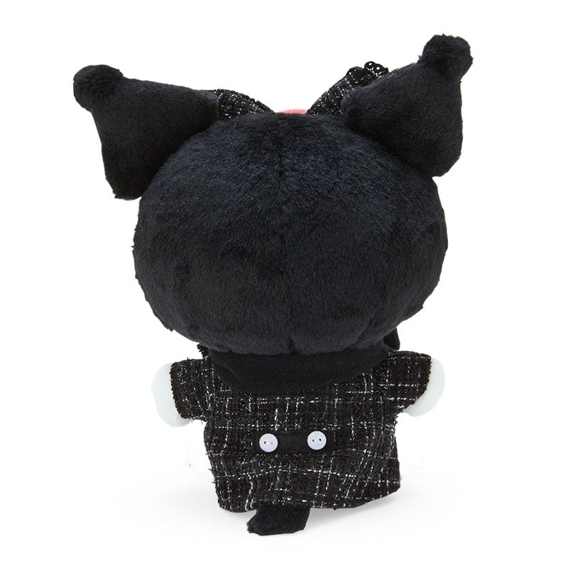 Front view of Kuromi plush with oversized scarf and hand-painted nose, perfect for Sanrio fans