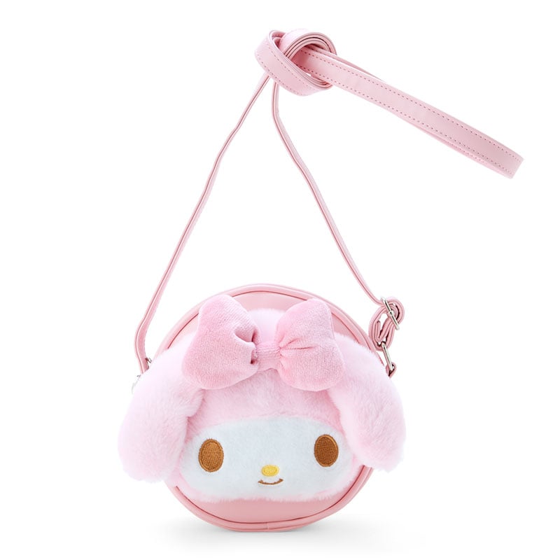 Front view of My Melody plush crossbody bag showcasing embroidered details.