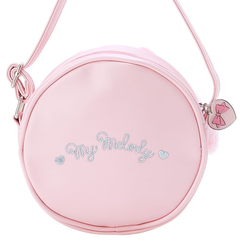 Front view of My Melody plush crossbody bag showcasing embroidered details.