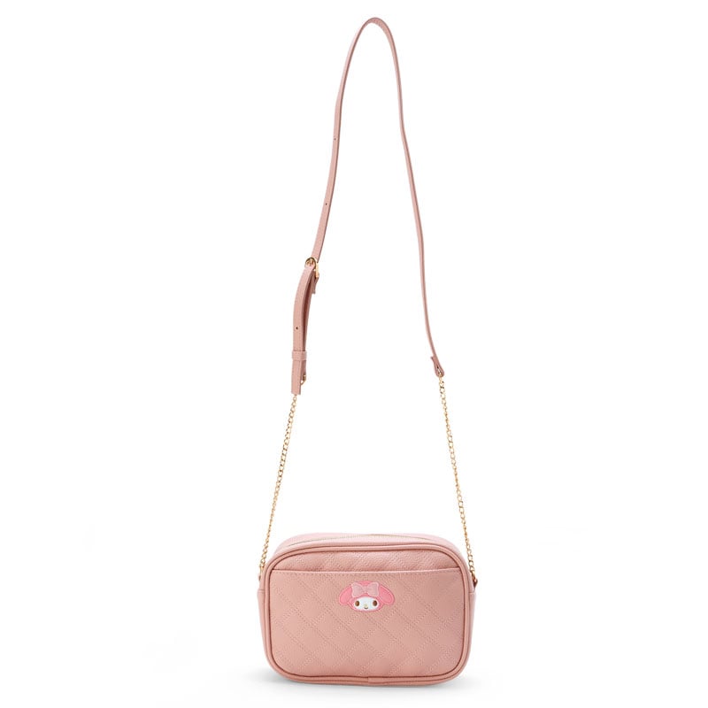 Front view of quilted shoulder bag with My Melody embroidery and gold accents