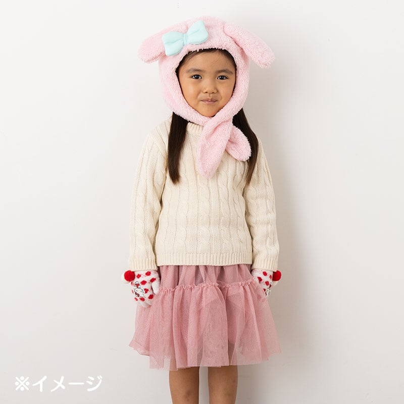 Child wearing My Melody hood wrap scarf outdoors