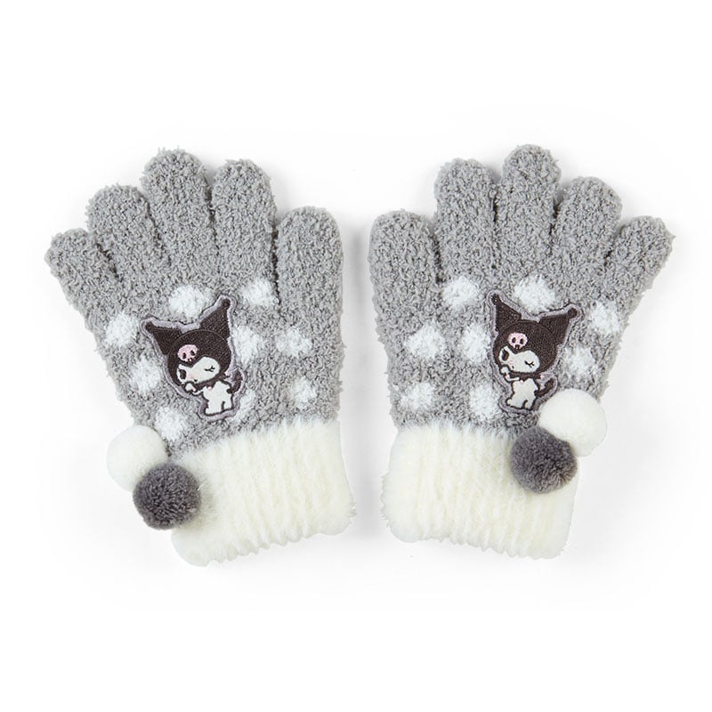Kuromi Cozy Kids Gloves front view showing the colorful pompom accents
