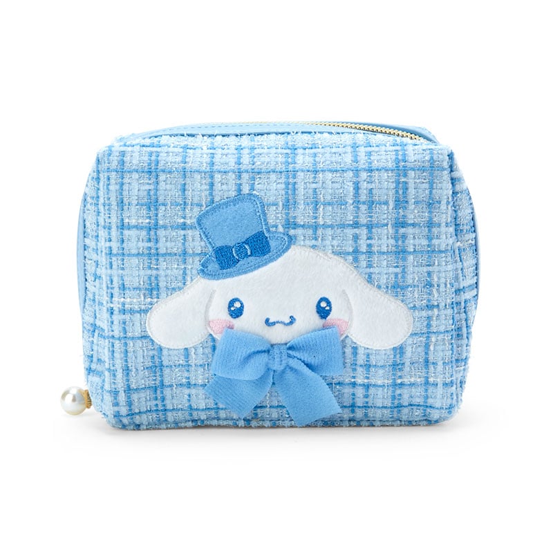 Cinnamoroll tweed pouch front view with embroidered bow