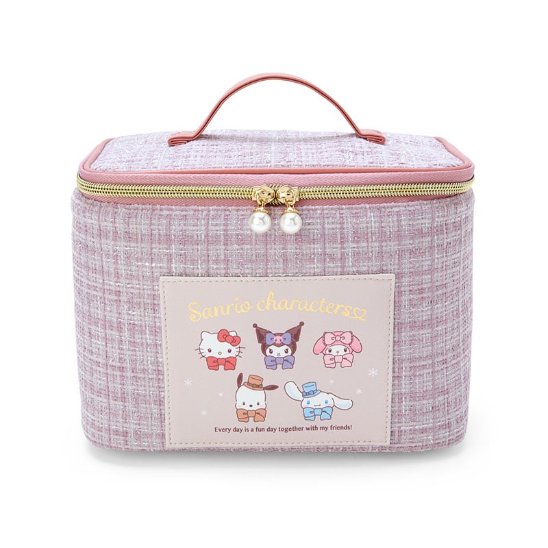Front view of Sanrio winter tweed cosmetic pouch with pearl zipper and top handle