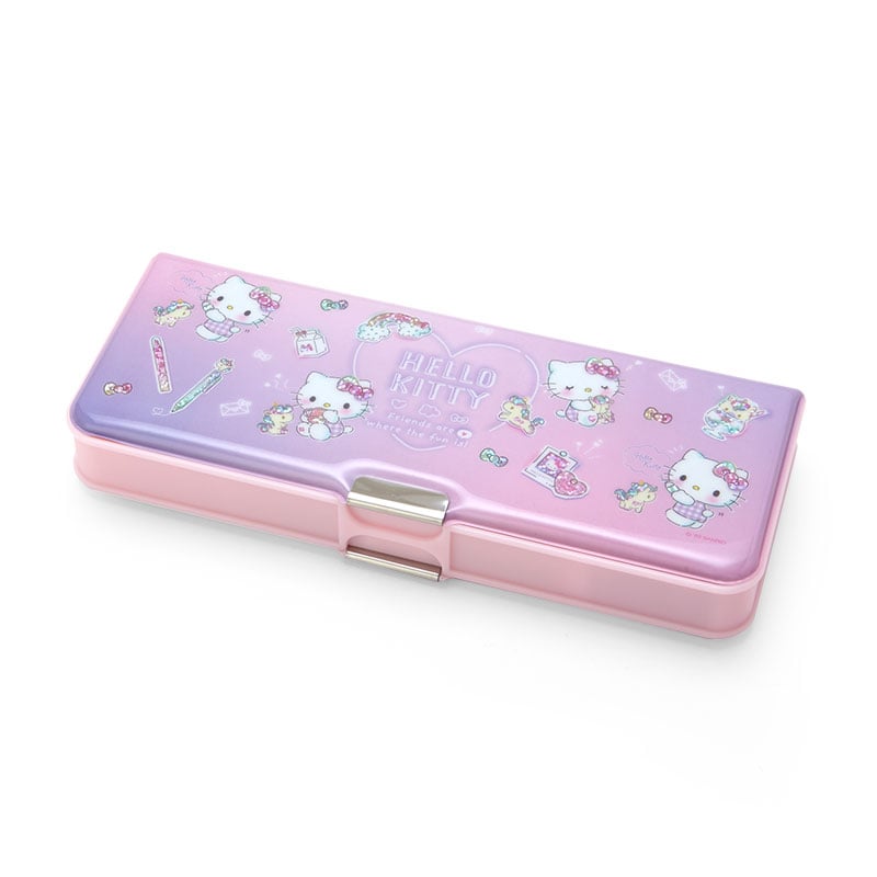 Front view of Hello Kitty pencil case pouch showing holographic vinyl and zipper detail