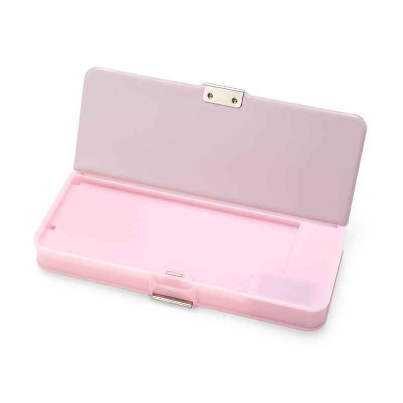 Side angle of Hello Kitty kids pencil case highlighting dual-access design