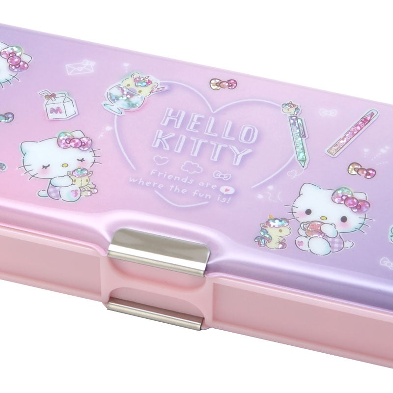 Front view of Hello Kitty pencil case pouch showing holographic vinyl and zipper detail