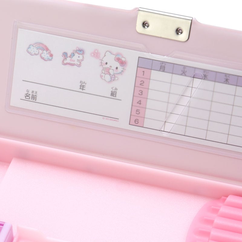 Side angle of Hello Kitty kids pencil case highlighting dual-access design