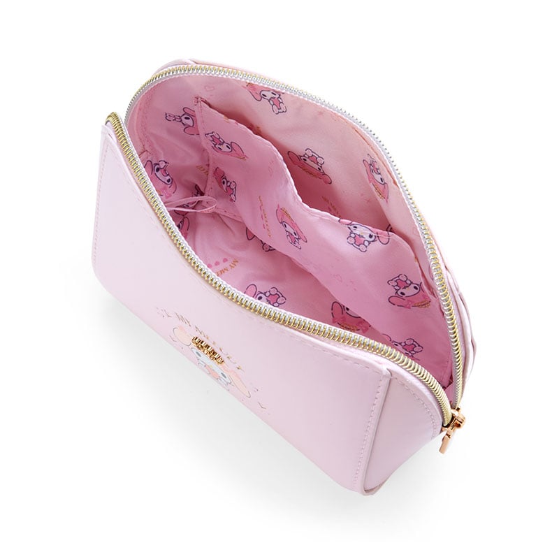Cute cosmetic bag with My Melody and tiara print, showing zipper closure and internal pocket.