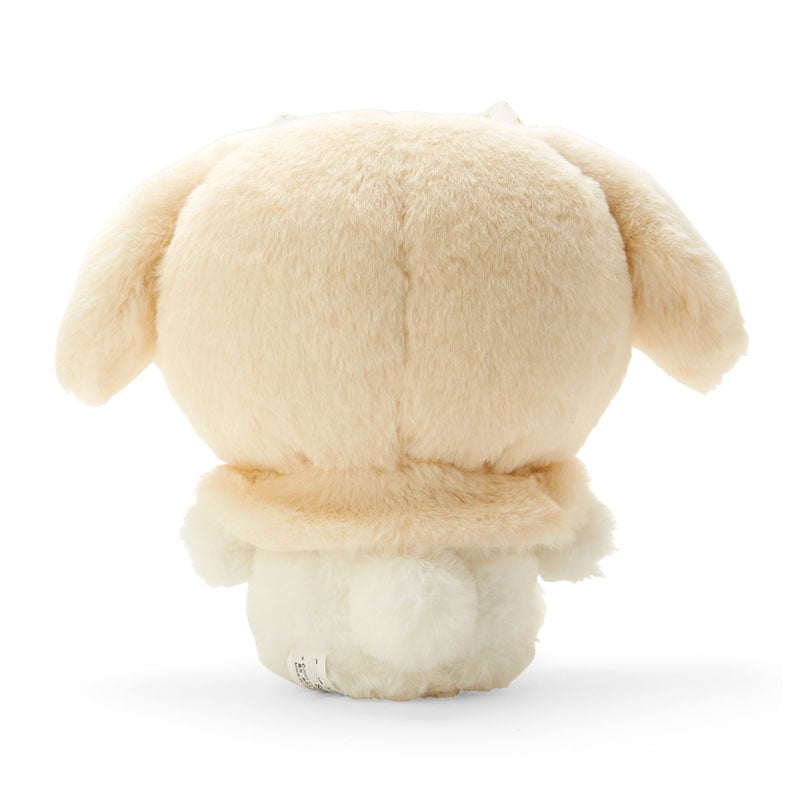 Front view of the My Melody winter plush toy highlighting embroidered details