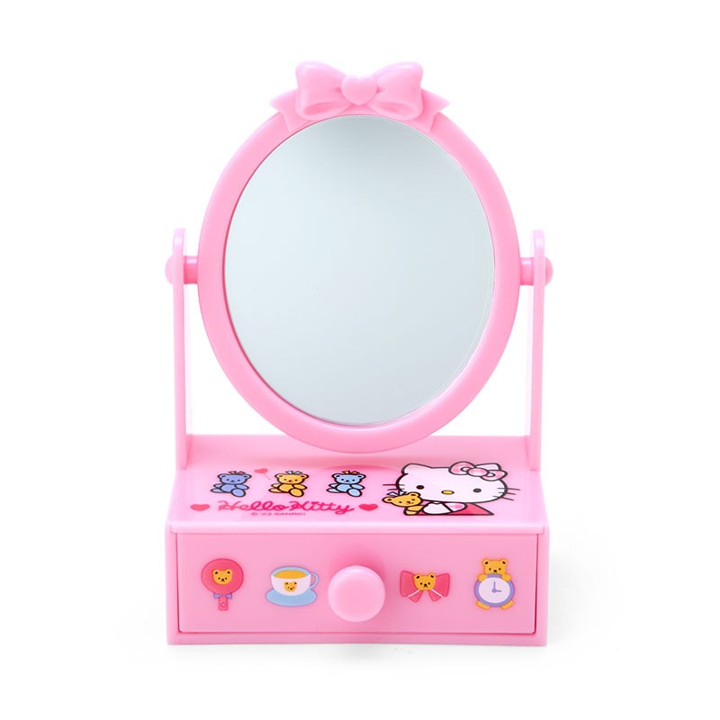 Hello Kitty lighted makeup mirror showing adjustable angle and storage drawer