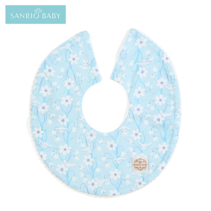 Cinnamoroll bib with floral design for babies, showing snap closure and soft fabric.