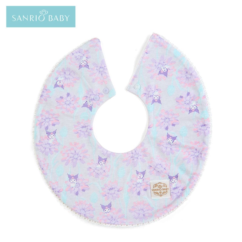 Close-up of the Kuromi floral organic cotton bib, featuring snap closure