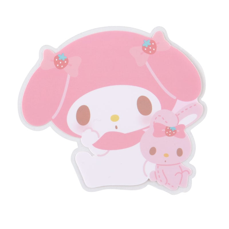Close-up of My Melody stickers on a laptop, showcasing their vibrant colors.