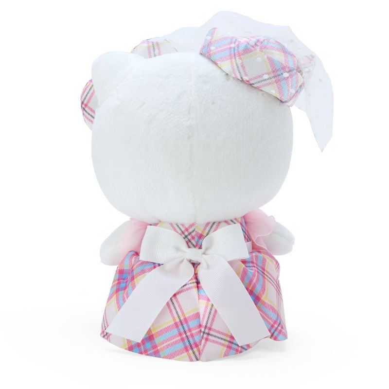 Back view of the Hello Kitty tartan plush, highlighting the embroidered and applique details.