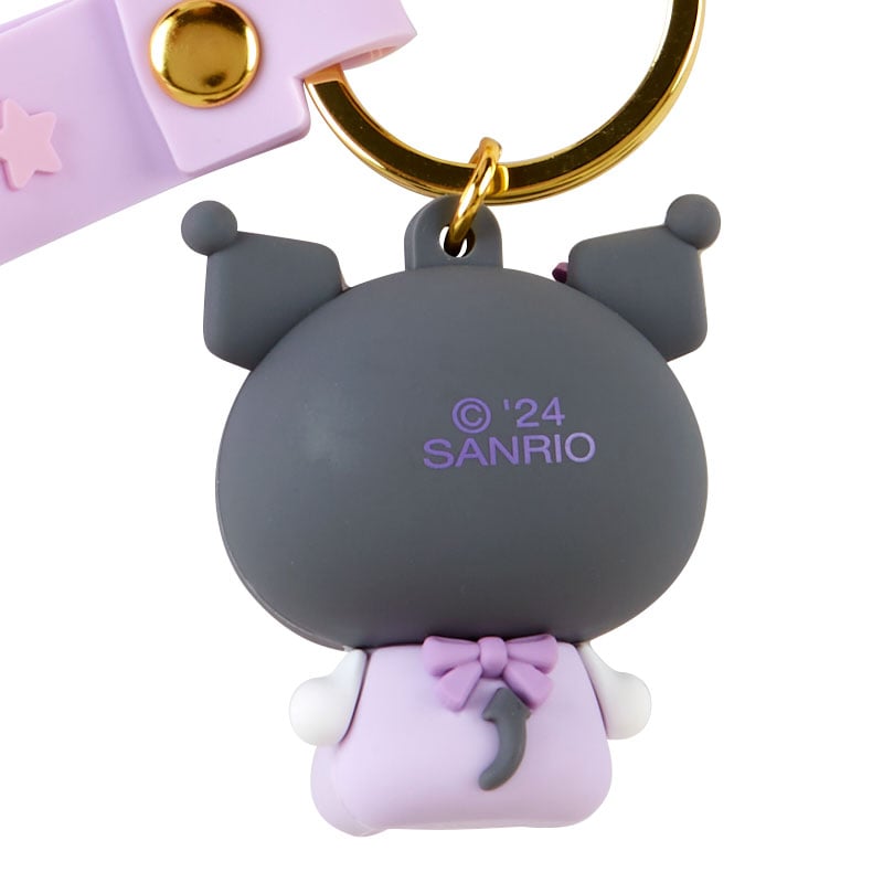 Front angle of Kuromi keychain with Sanrio character in baby onesie on gold clasp