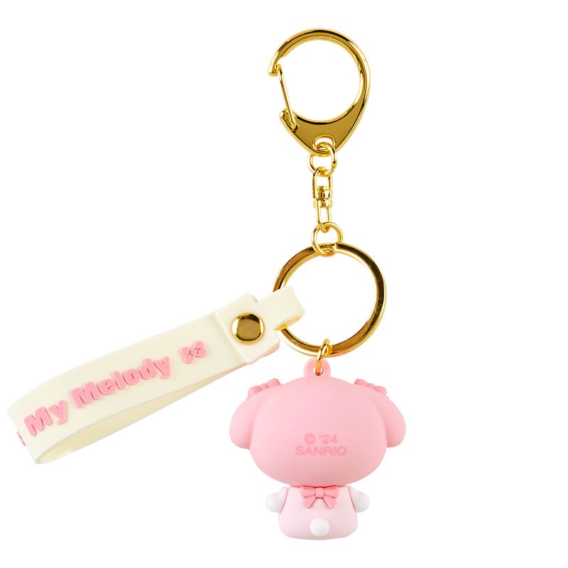Character keychain with My Melody in onesie attached to a keyring