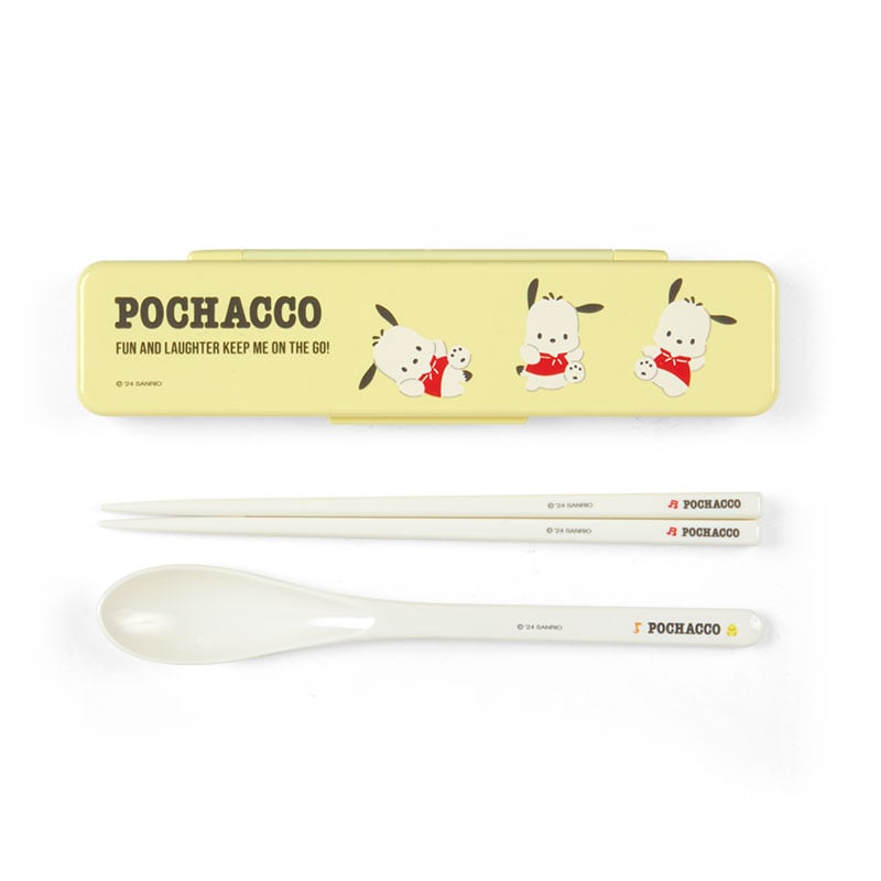Close-up of golden chopsticks and spoon with Pochacco-themed case
