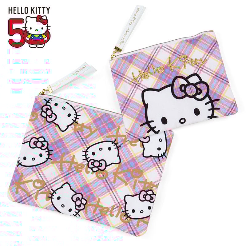 Hello Kitty 50th anniversary pouch set laid flat, showcasing tartan pattern and sizes.