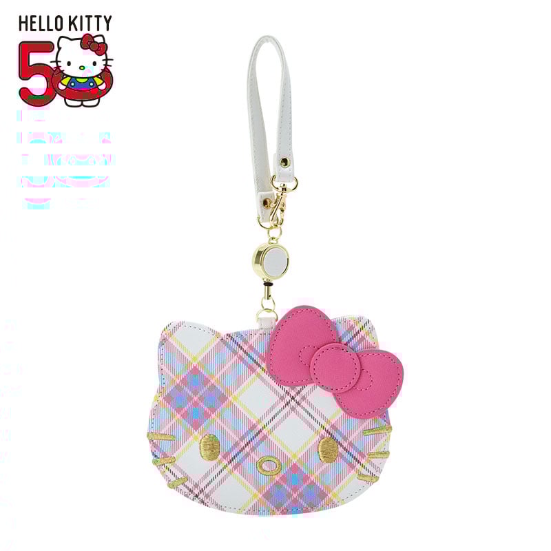 Hello Kitty tartan card case front view, highlighting the embroidered details