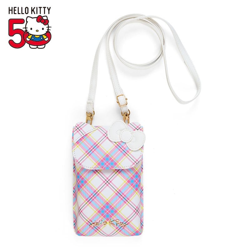 Hello Kitty Tartan Crossbody Phone Purse showing the adjustable strap and card pocket.
