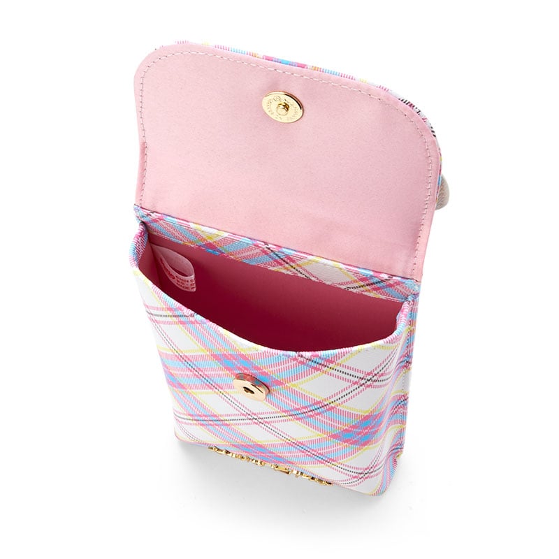 Close-up of the tartan print on the Hello Kitty Phone Purse, highlighting its vibrant colors.