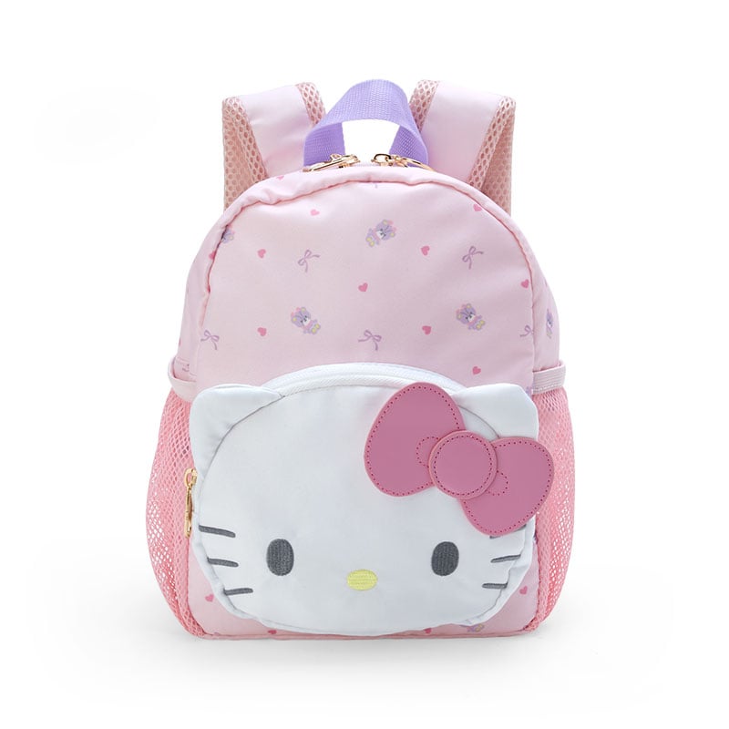 Front view of Hello Kitty backpack showing double zippers and cute design