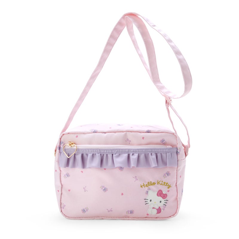 Front view of Hello Kitty ruffled crossbody bag with star zipper charm