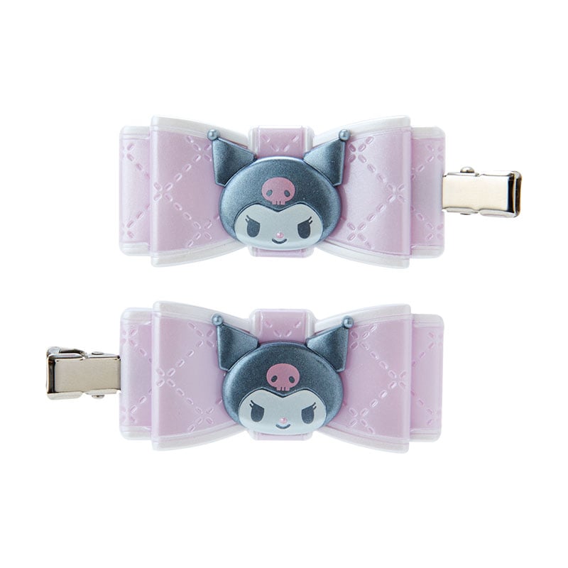 Close-up of Kuromi quilted ribbon hair clips, perfect for wedding hairstyles.