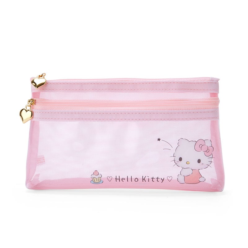 Hello Kitty pencil pouch open, showing two mesh compartments for organization.