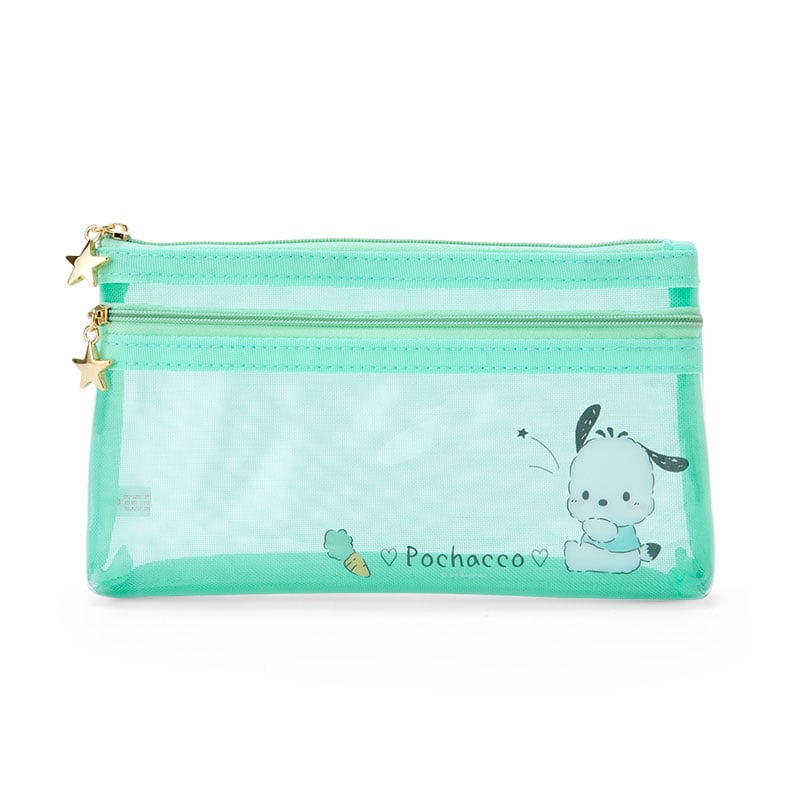 Front view of Pochacco pouch showing mesh panels and heart zipper details