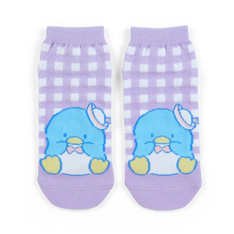 Bright checkered ankle socks featuring Tuxedosam, ideal for Sanrio fans
