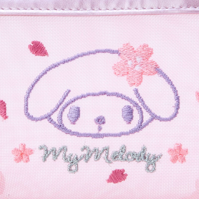 Sakura themed mesh pouch with embroidered floral details