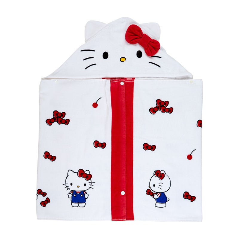 Kids wearing a Hello Kitty cherry hooded towel after bath time, showing the character applique and snap closure