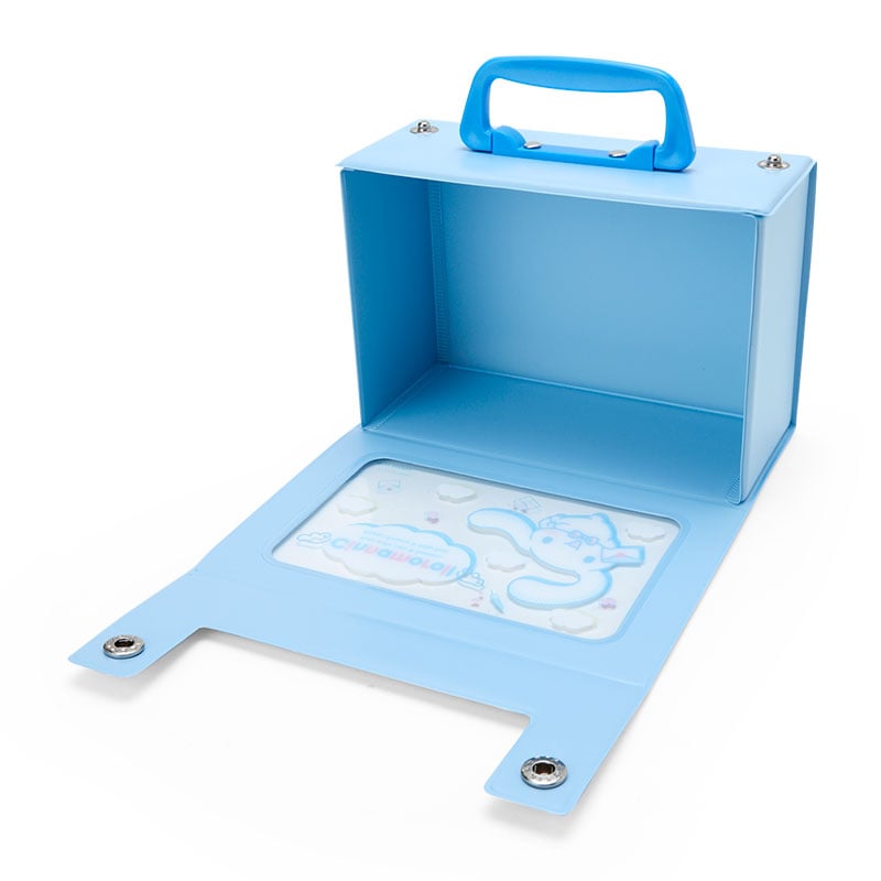 Cinnamoroll mini luggage with clear window and snap closure, ideal for travel or storage.