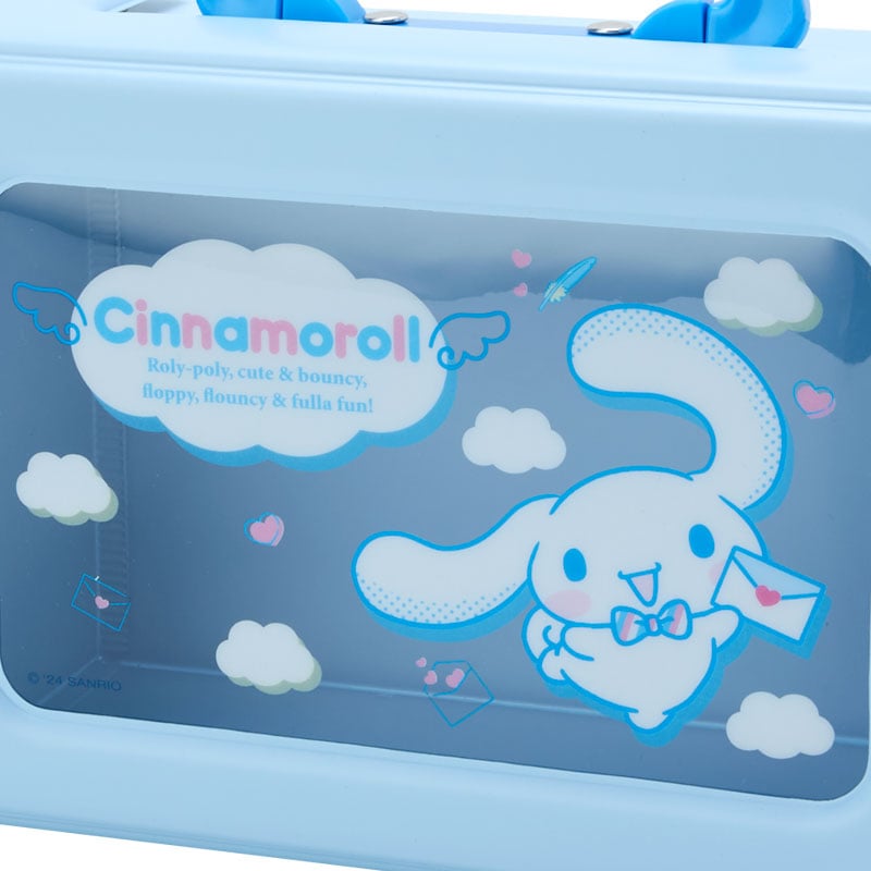 Cinnamoroll mini travel case with top handle, perfect for storing cosmetics or stationery.