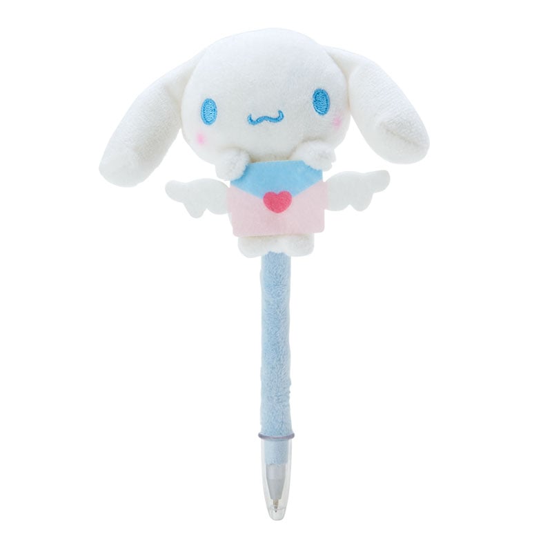 Cinnamoroll plush ballpoint pen with blue and white accents, held in hand for scale