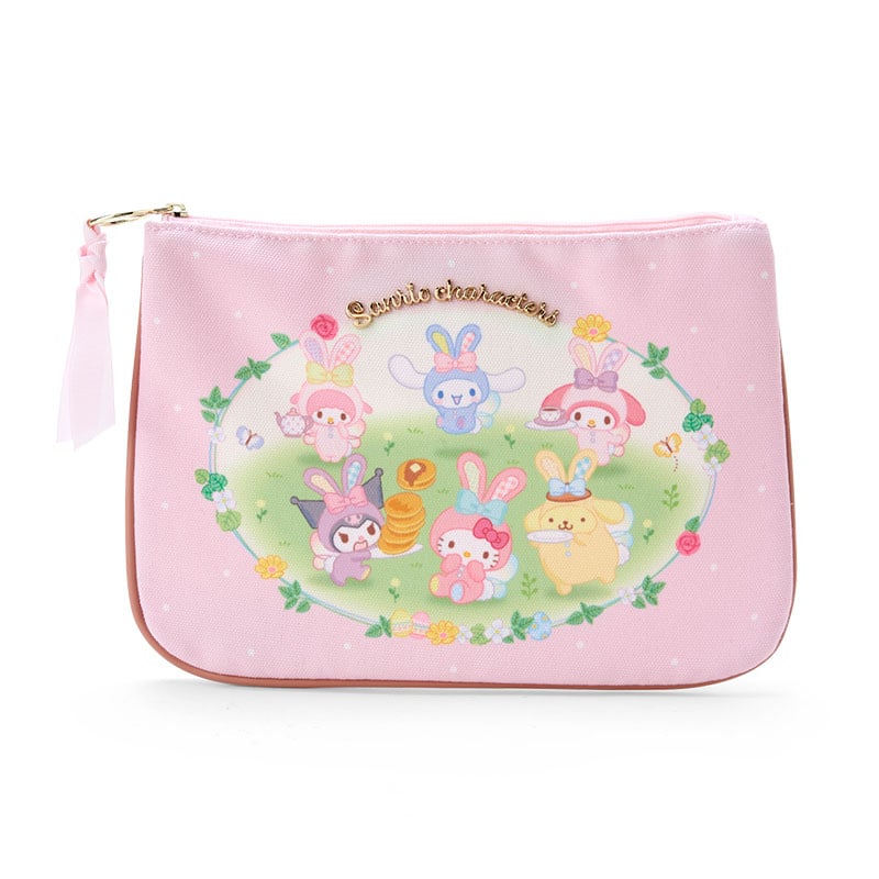 Front view of Hello Kitty pencil pouch with colorful spring design.
